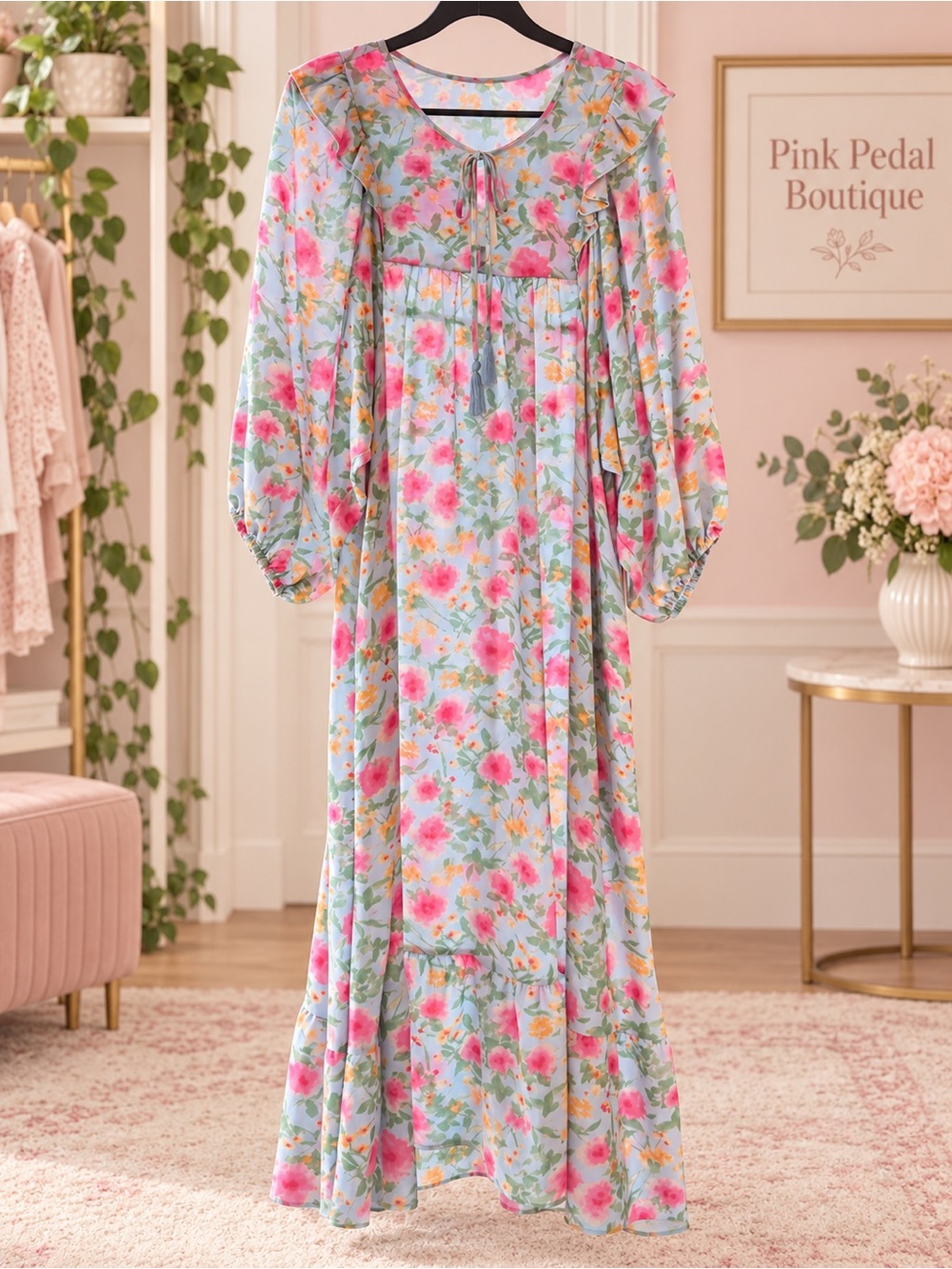 Pink Floral Maxi Dress with Ruffle Yoke
